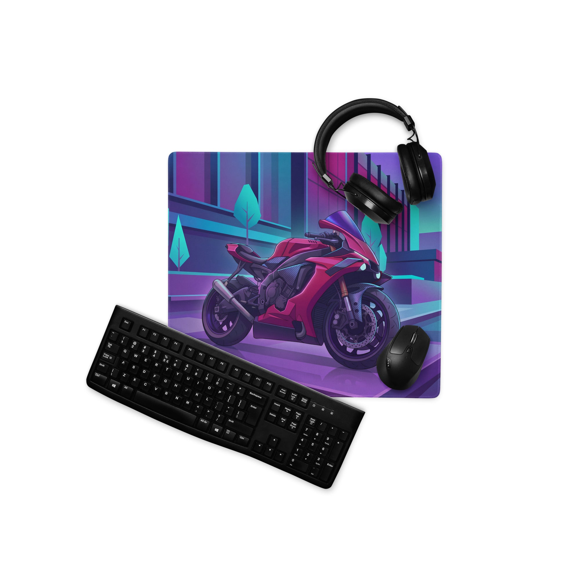 Yamaha YZF-R1 Inspired Red Purple Vaporwave Gaming Mouse Pad – Neon Cyber City Desk Mat, Retro Futuristic Synthwave Sportbike Vector Art