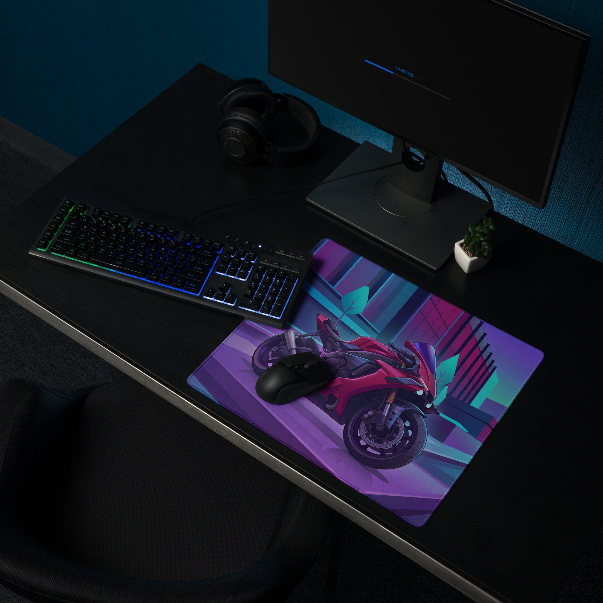Yamaha YZF-R1 Inspired Red Purple Vaporwave Gaming Mouse Pad – Neon Cyber City Desk Mat, Retro Futuristic Synthwave Sportbike Vector Art