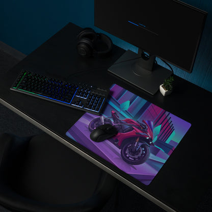 Yamaha YZF-R1 Inspired Red Purple Vaporwave Gaming Mouse Pad – Neon Cyber City Desk Mat, Retro Futuristic Synthwave Sportbike Vector Art