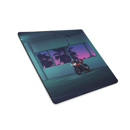 Aprilia RSV4 Inspired Red Blue Vaporwave Gaming Mouse Pad – Neon Sunset Parking Garage Desk Mat, Retro Futuristic Sportbike Vector Art