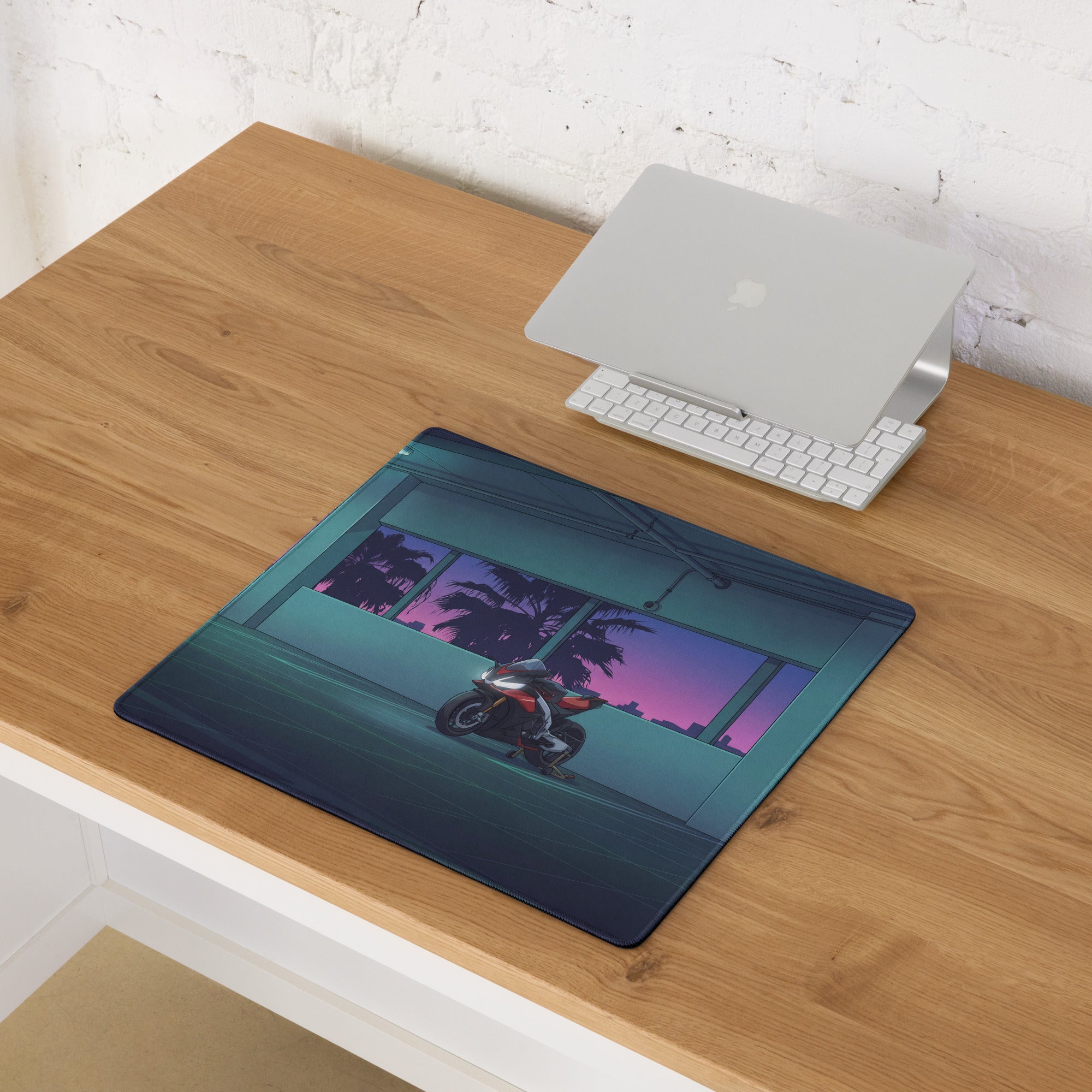 Aprilia RSV4 Inspired Red Blue Vaporwave Gaming Mouse Pad – Neon Sunset Parking Garage Desk Mat, Retro Futuristic Sportbike Vector Art