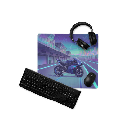 Yamaha R9 Inspired Blue Purple Vaporwave Gaming Mouse Pad – Neon Cyber Racetrack Desk Mat, Retro Futuristic Synthwave Sportbike Vector Art