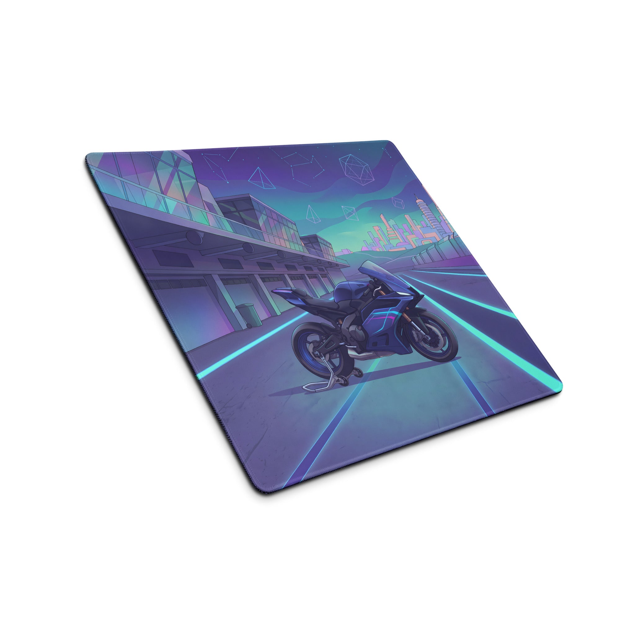 Yamaha R9 Inspired Blue Purple Vaporwave Gaming Mouse Pad – Neon Cyber Racetrack Desk Mat, Retro Futuristic Synthwave Sportbike Vector Art