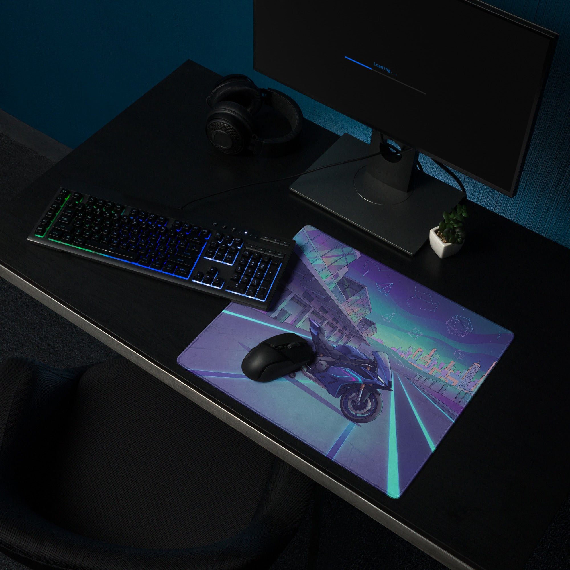 Yamaha R9 Inspired Blue Purple Vaporwave Gaming Mouse Pad – Neon Cyber Racetrack Desk Mat, Retro Futuristic Synthwave Sportbike Vector Art