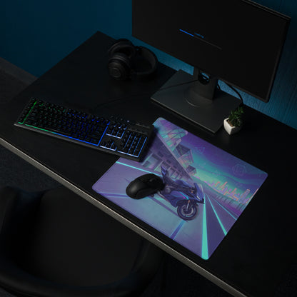 Yamaha R9 Inspired Blue Purple Vaporwave Gaming Mouse Pad – Neon Cyber Racetrack Desk Mat, Retro Futuristic Synthwave Sportbike Vector Art