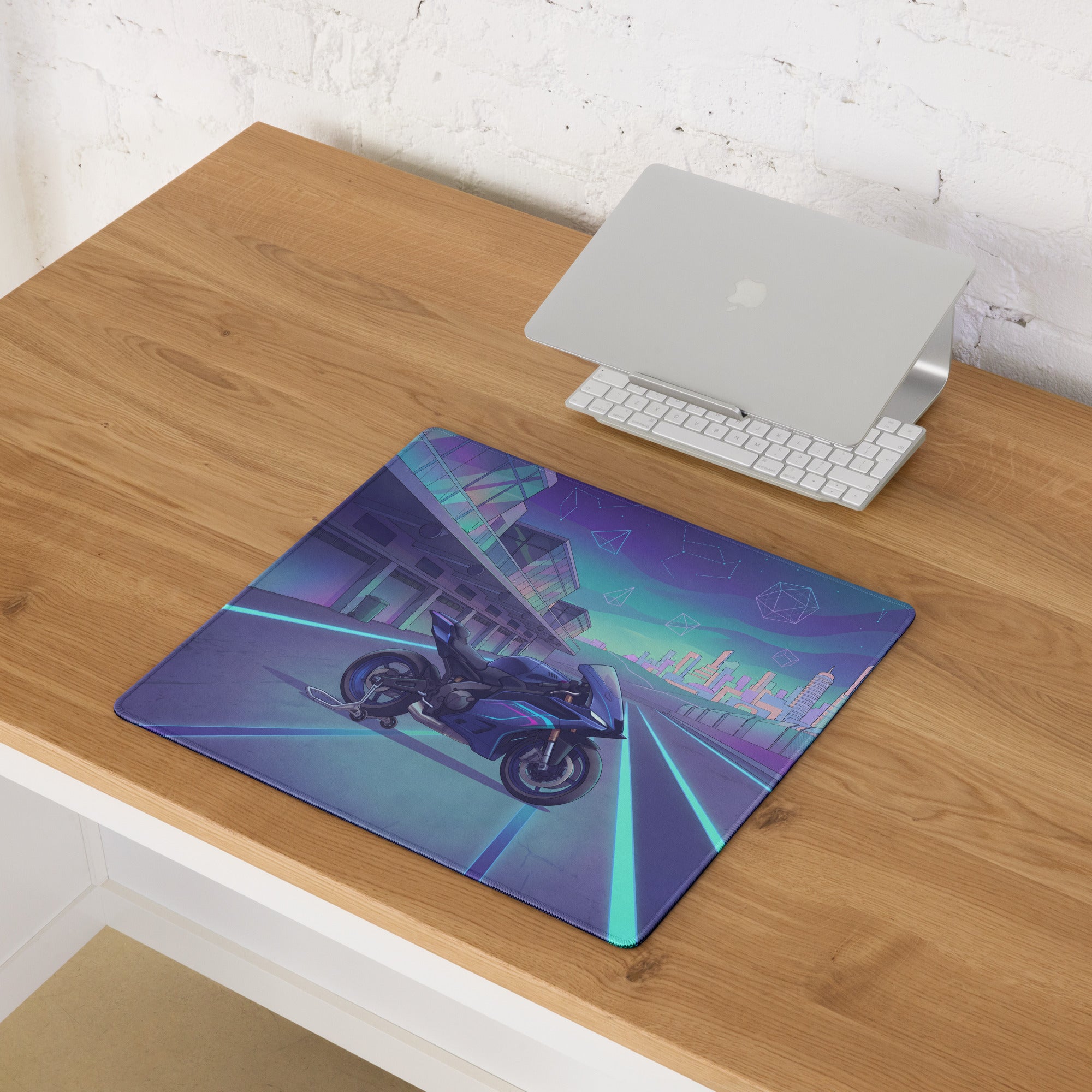 Yamaha R9 Inspired Blue Purple Vaporwave Gaming Mouse Pad – Neon Cyber Racetrack Desk Mat, Retro Futuristic Synthwave Sportbike Vector Art