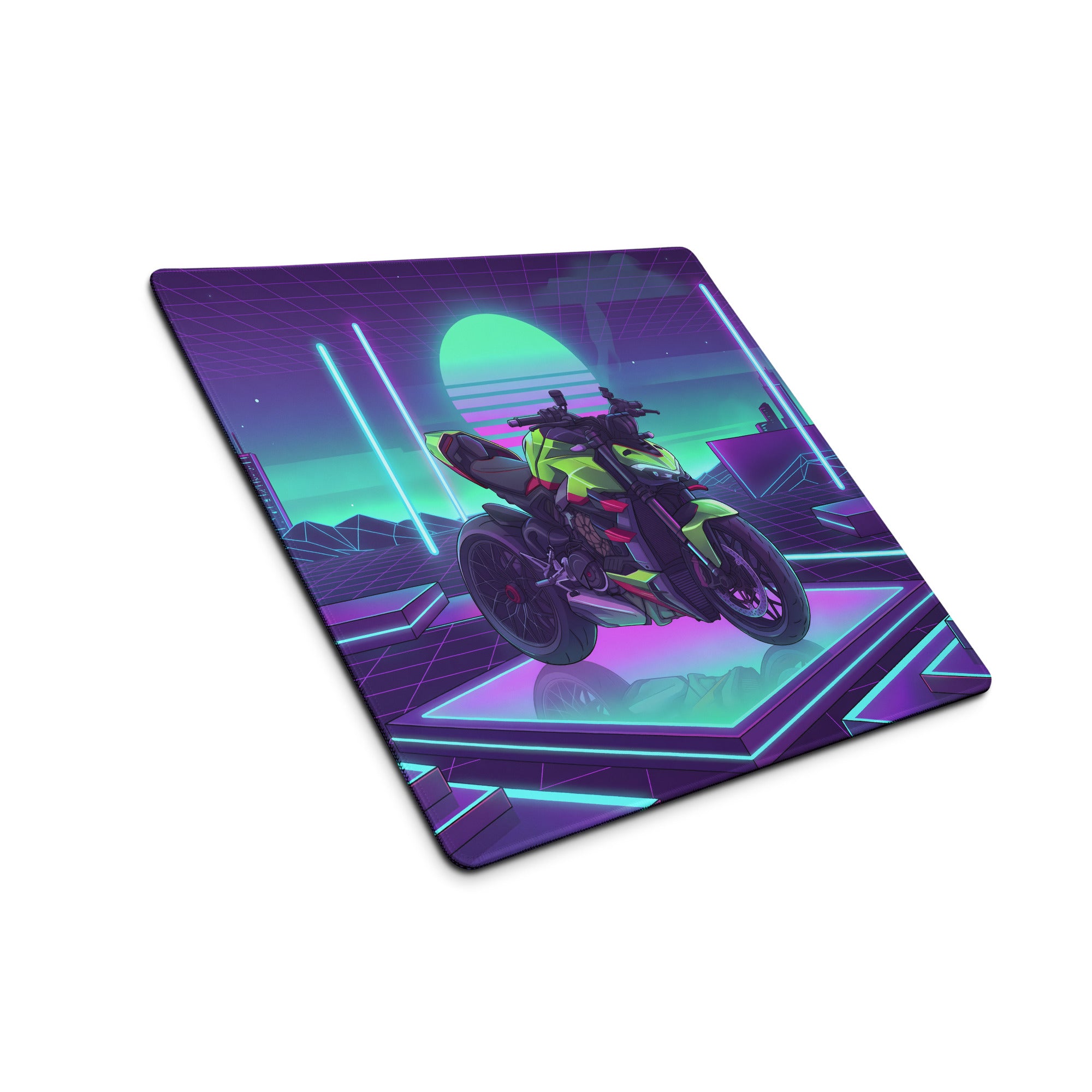 Ducati Streetfighter V4S Inspired Lime Green Purple Vaporwave Gaming Mouse Pad – Neon Cyber Grid Desk Mat, Retro Futuristic Naked Bike Vector Art