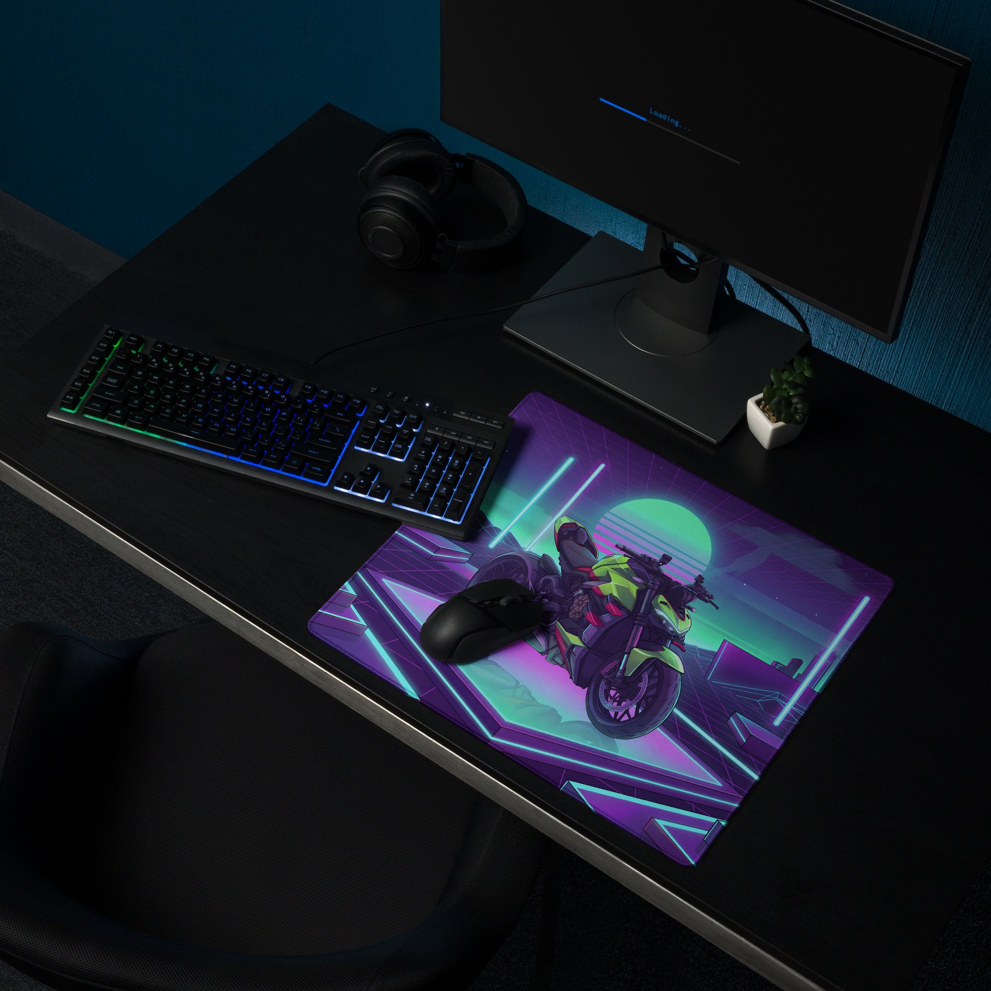 Ducati Streetfighter V4S Inspired Lime Green Purple Vaporwave Gaming Mouse Pad – Neon Cyber Grid Desk Mat, Retro Futuristic Naked Bike Vector Art