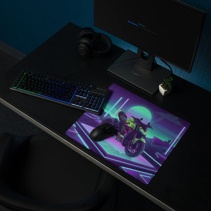 Ducati Streetfighter V4S Inspired Lime Green Purple Vaporwave Gaming Mouse Pad – Neon Cyber Grid Desk Mat, Retro Futuristic Naked Bike Vector Art