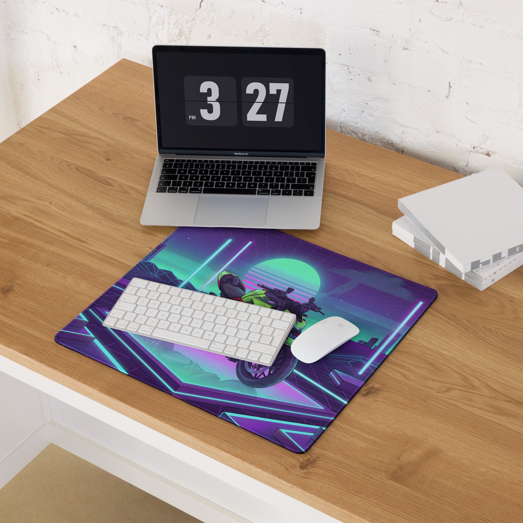 Ducati Streetfighter V4S Inspired Lime Green Purple Vaporwave Gaming Mouse Pad – Neon Cyber Grid Desk Mat, Retro Futuristic Naked Bike Vector Art