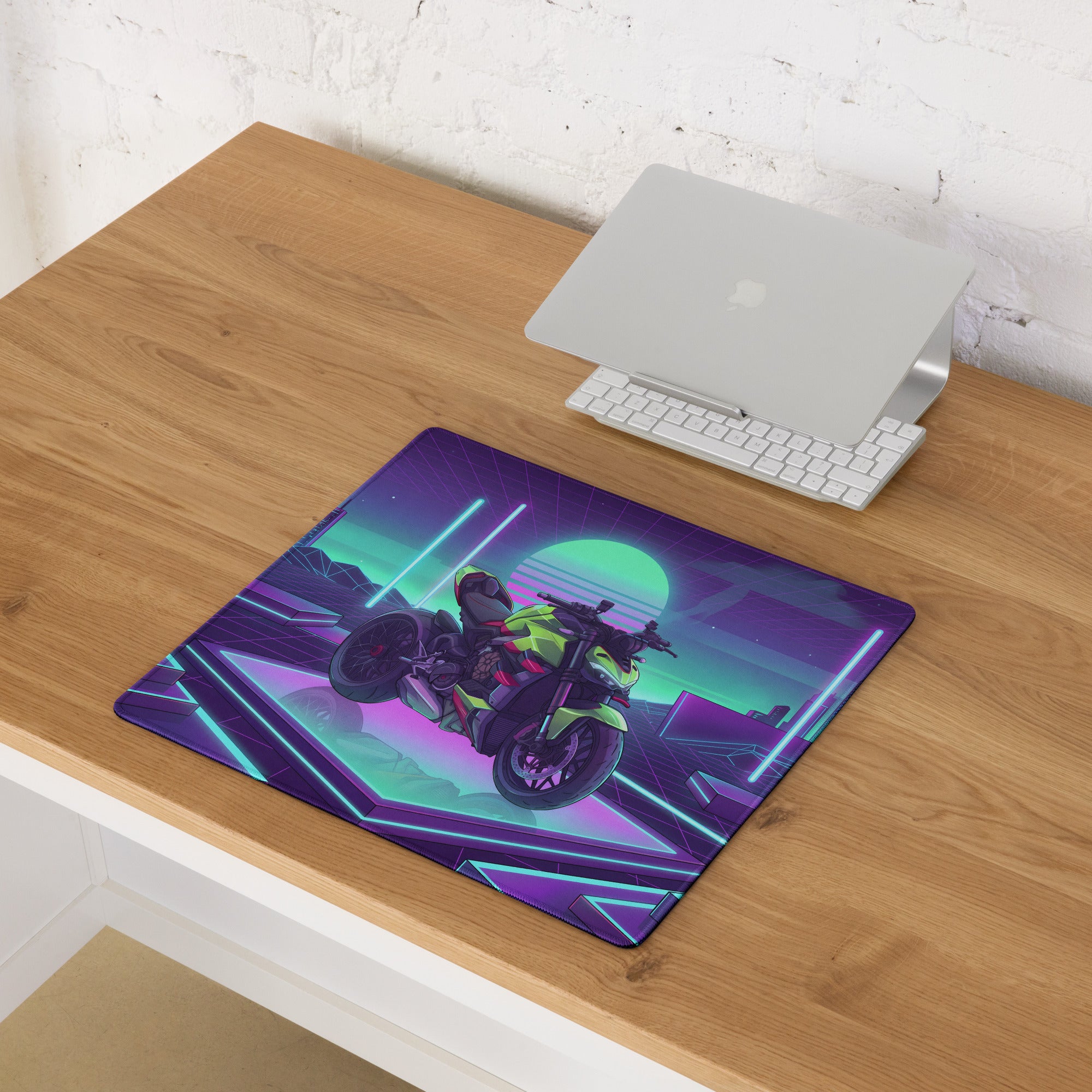 Ducati Streetfighter V4S Inspired Lime Green Purple Vaporwave Gaming Mouse Pad – Neon Cyber Grid Desk Mat, Retro Futuristic Naked Bike Vector Art