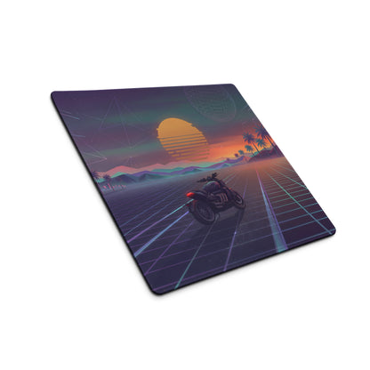 Triumph Rocket 3 Inspired Black Orange Vaporwave Gaming Mouse Pad – Retro Sunset Grid Desk Mat, Synthwave Cruiser Motorcycle Vector Art