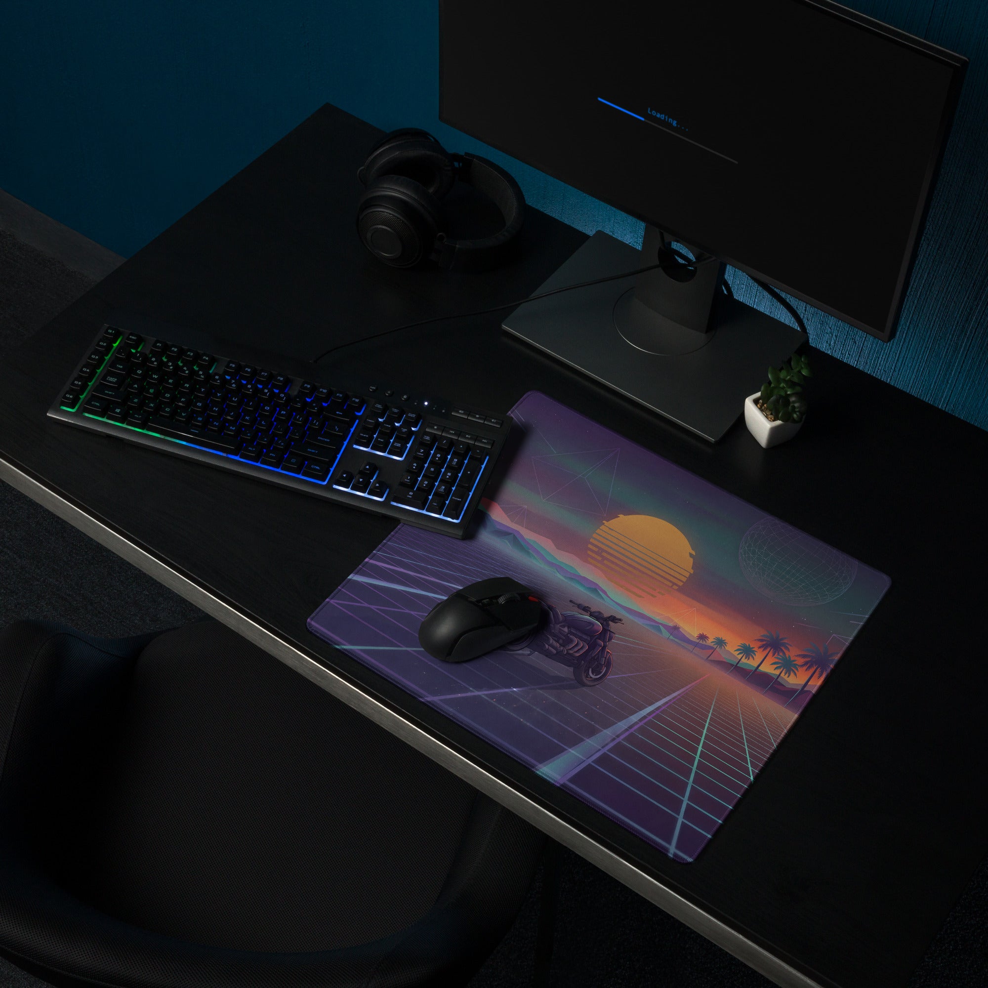 Triumph Rocket 3 Inspired Black Orange Vaporwave Gaming Mouse Pad – Retro Sunset Grid Desk Mat, Synthwave Cruiser Motorcycle Vector Art