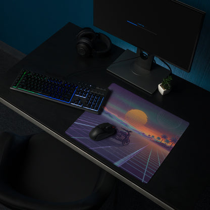 Triumph Rocket 3 Inspired Black Orange Vaporwave Gaming Mouse Pad – Retro Sunset Grid Desk Mat, Synthwave Cruiser Motorcycle Vector Art