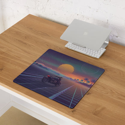 Triumph Rocket 3 Inspired Black Orange Vaporwave Gaming Mouse Pad – Retro Sunset Grid Desk Mat, Synthwave Cruiser Motorcycle Vector Art