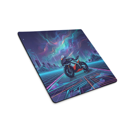 Aprilia RSV4 Xtrenta Inspired White Orange Blue Vaporwave Gaming Mouse Pad – Neon Cosmic Grid Desk Mat, Retro Futuristic Synthwave Sportbike Vector Art