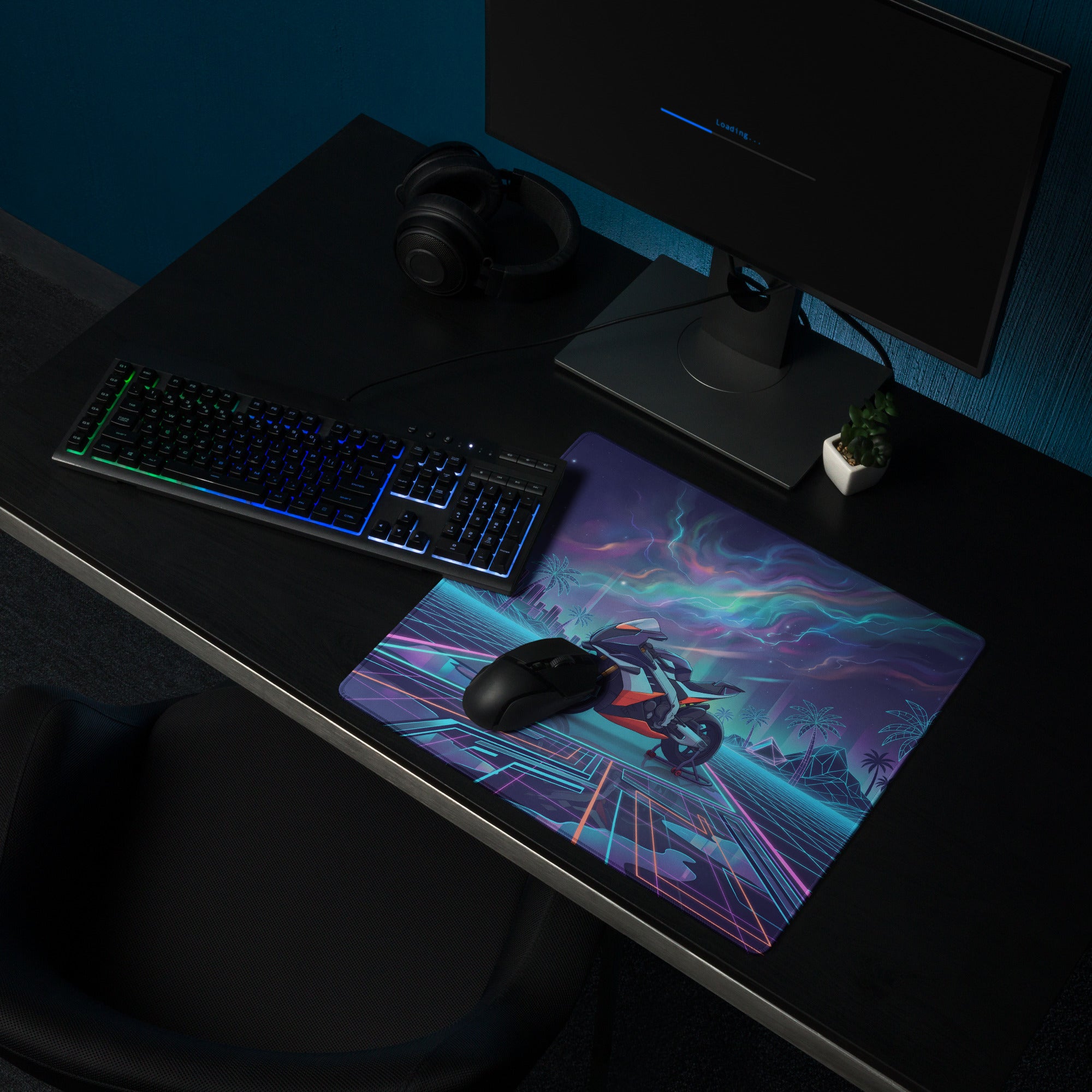 Aprilia RSV4 Xtrenta Inspired White Orange Blue Vaporwave Gaming Mouse Pad – Neon Cosmic Grid Desk Mat, Retro Futuristic Synthwave Sportbike Vector Art