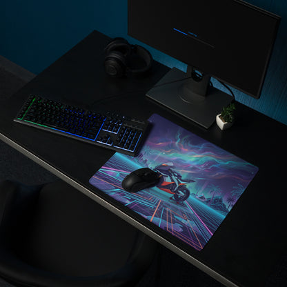 Aprilia RSV4 Xtrenta Inspired White Orange Blue Vaporwave Gaming Mouse Pad – Neon Cosmic Grid Desk Mat, Retro Futuristic Synthwave Sportbike Vector Art