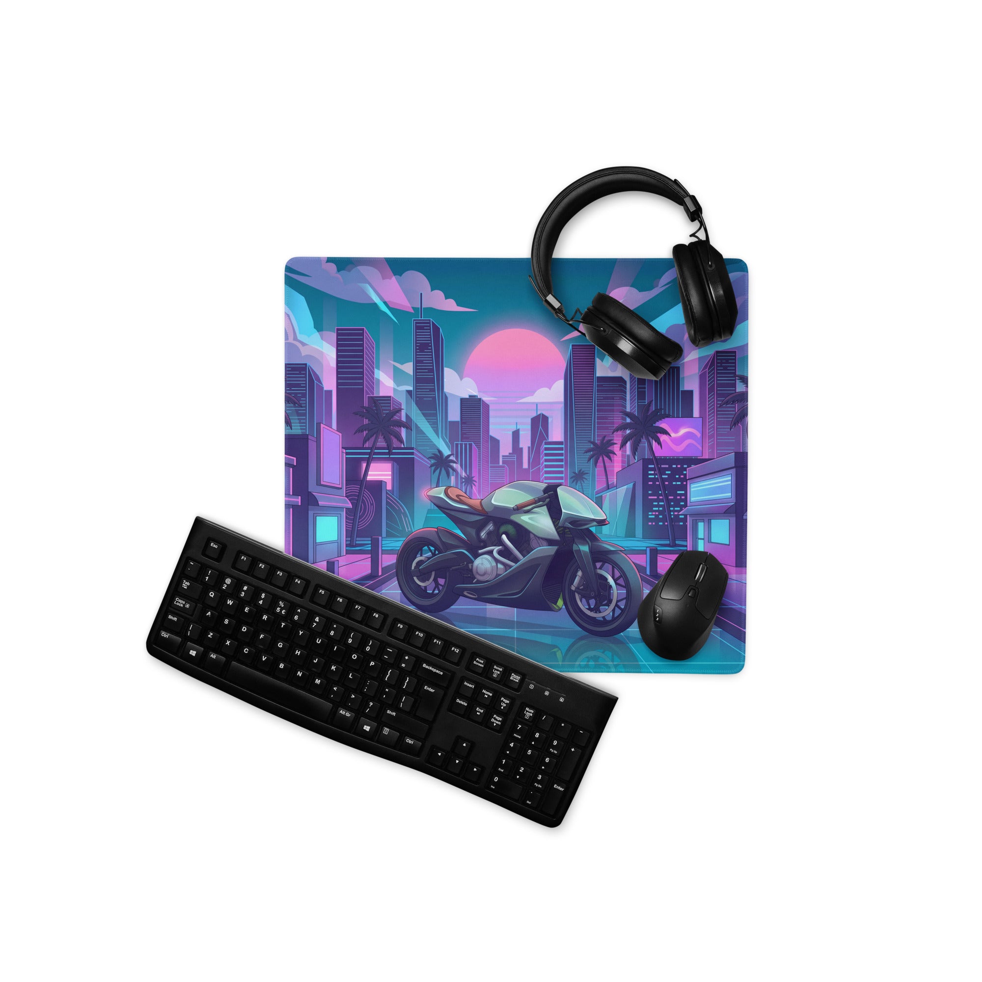 Aston Martin AMB 001 Inspired Silver Blue Vaporwave Gaming Mouse Pad – Neon Cyber City Desk Mat, Retro Futuristic Luxury Motorcycle Vector Art