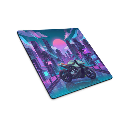 Aston Martin AMB 001 Inspired Silver Blue Vaporwave Gaming Mouse Pad – Neon Cyber City Desk Mat, Retro Futuristic Luxury Motorcycle Vector Art