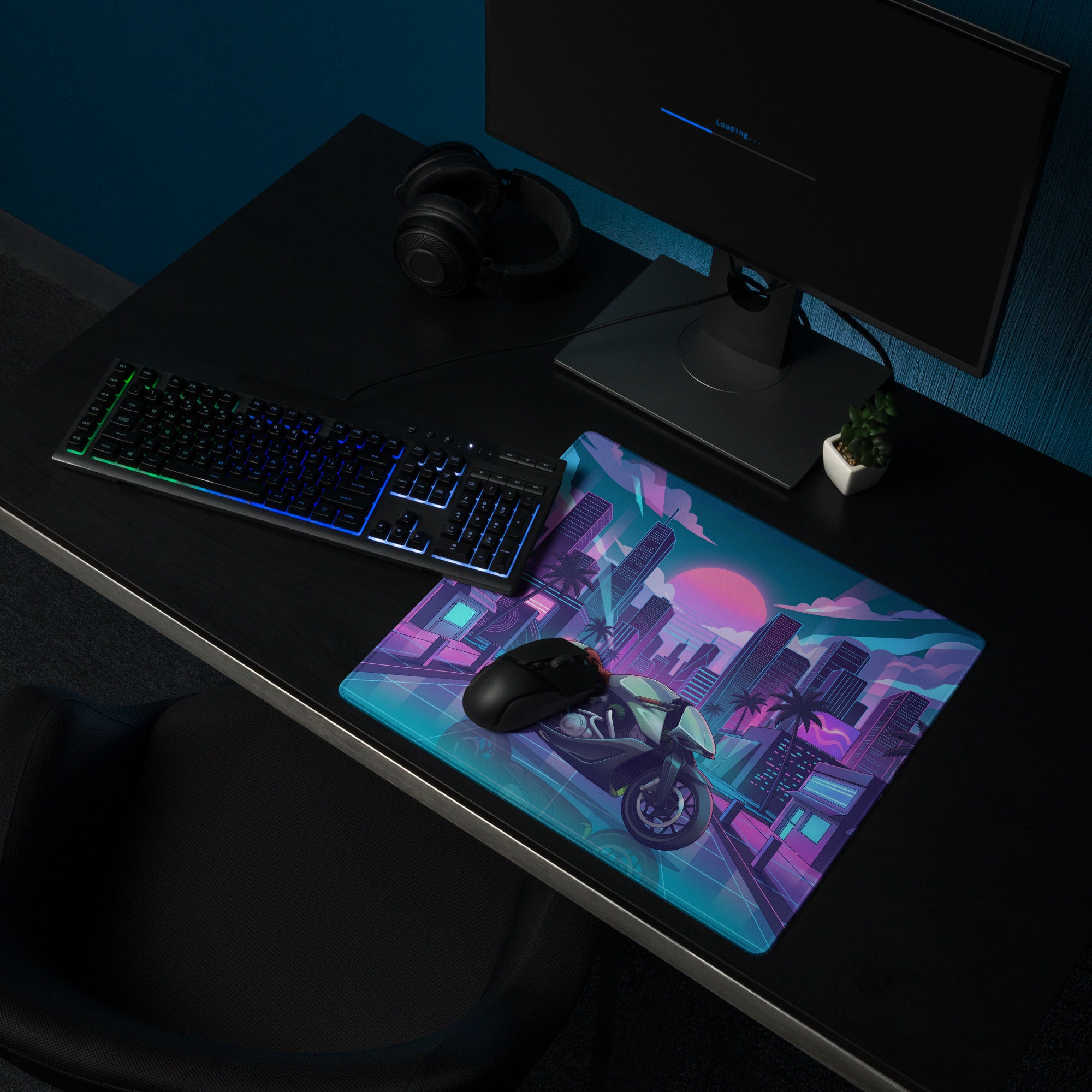 Aston Martin AMB 001 Inspired Silver Blue Vaporwave Gaming Mouse Pad – Neon Cyber City Desk Mat, Retro Futuristic Luxury Motorcycle Vector Art