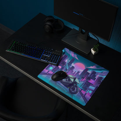 Aston Martin AMB 001 Inspired Silver Blue Vaporwave Gaming Mouse Pad – Neon Cyber City Desk Mat, Retro Futuristic Luxury Motorcycle Vector Art