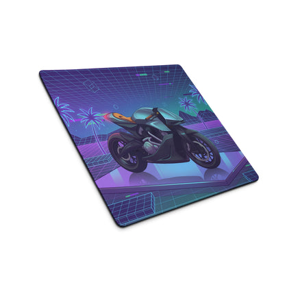Aston Martin AMB 001 Inspired Silver Blue Vaporwave Gaming Mouse Pad – Neon Palm Grid Desk Mat, Retro Futuristic Luxury Motorcycle Vector Art
