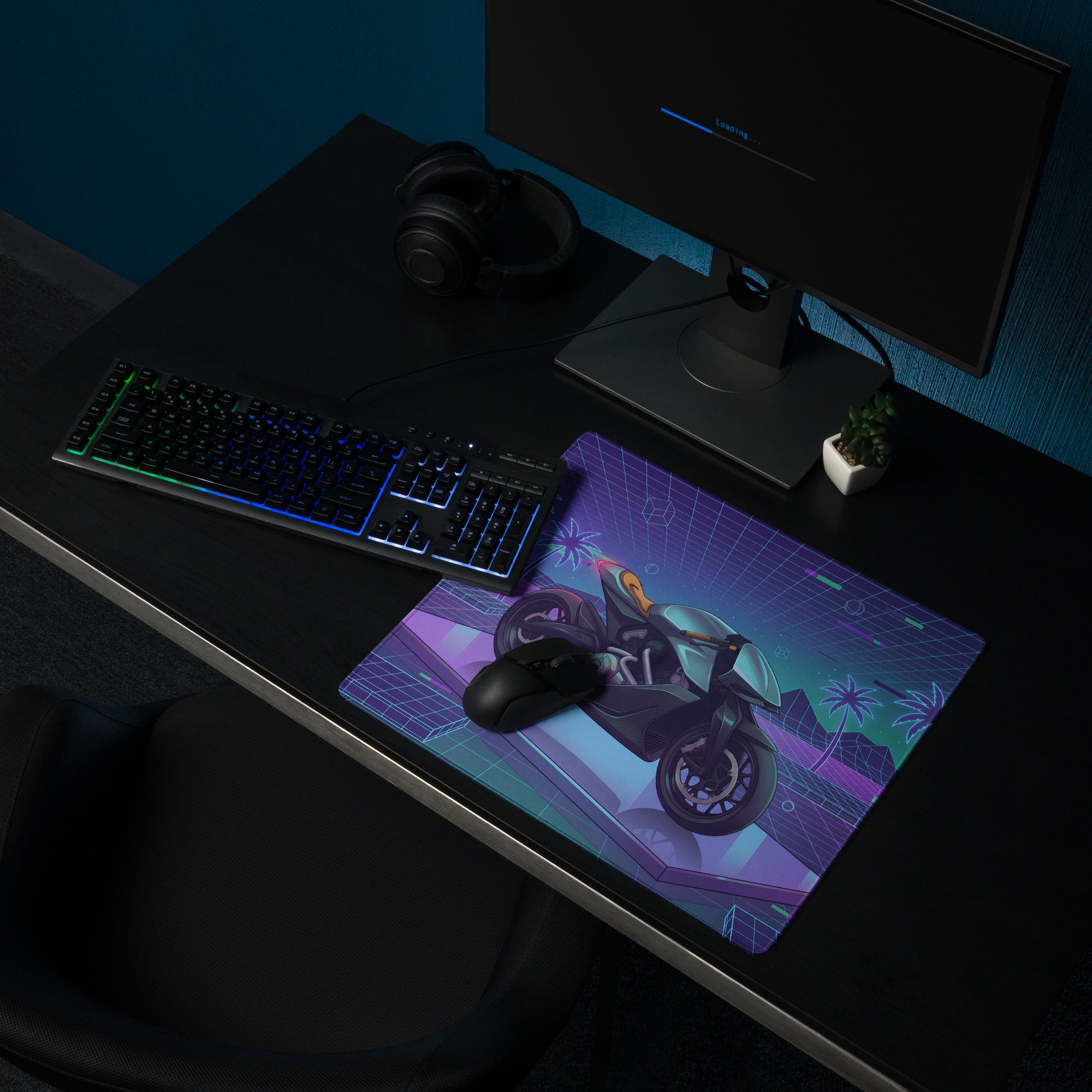 Aston Martin AMB 001 Inspired Silver Blue Vaporwave Gaming Mouse Pad – Neon Palm Grid Desk Mat, Retro Futuristic Luxury Motorcycle Vector Art