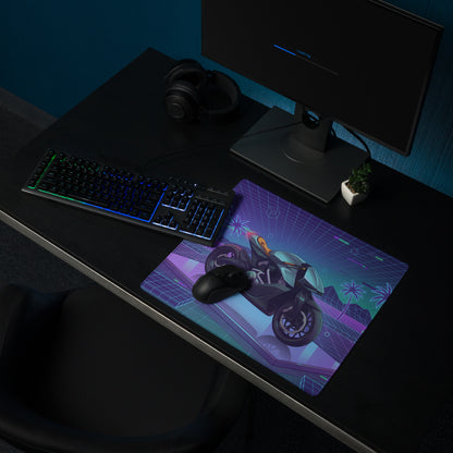 Aston Martin AMB 001 Inspired Silver Blue Vaporwave Gaming Mouse Pad – Neon Palm Grid Desk Mat, Retro Futuristic Luxury Motorcycle Vector Art