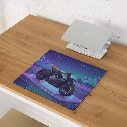 Aston Martin AMB 001 Inspired Silver Blue Vaporwave Gaming Mouse Pad – Neon Palm Grid Desk Mat, Retro Futuristic Luxury Motorcycle Vector Art