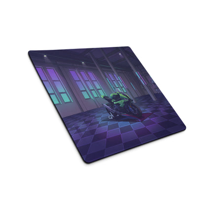 BMW S1000RR Inspired Green Purple Vaporwave Gaming Mouse Pad – Neon Cyber Garage Desk Mat, Retro Futuristic Sportbike Vector Art