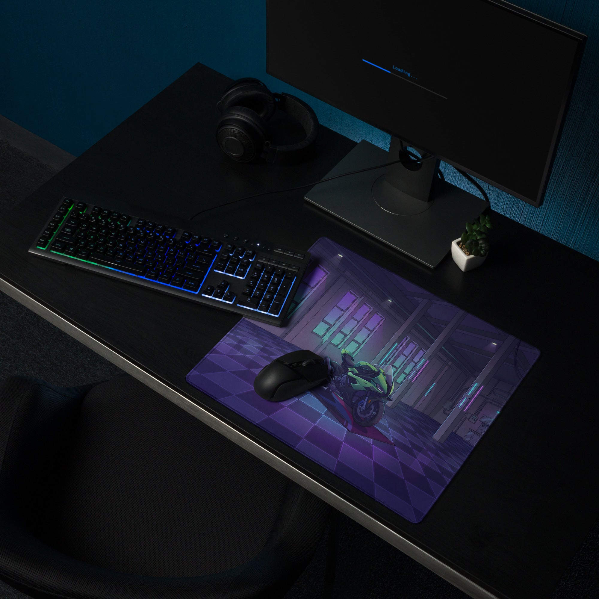 BMW S1000RR Inspired Green Purple Vaporwave Gaming Mouse Pad – Neon Cyber Garage Desk Mat, Retro Futuristic Sportbike Vector Art