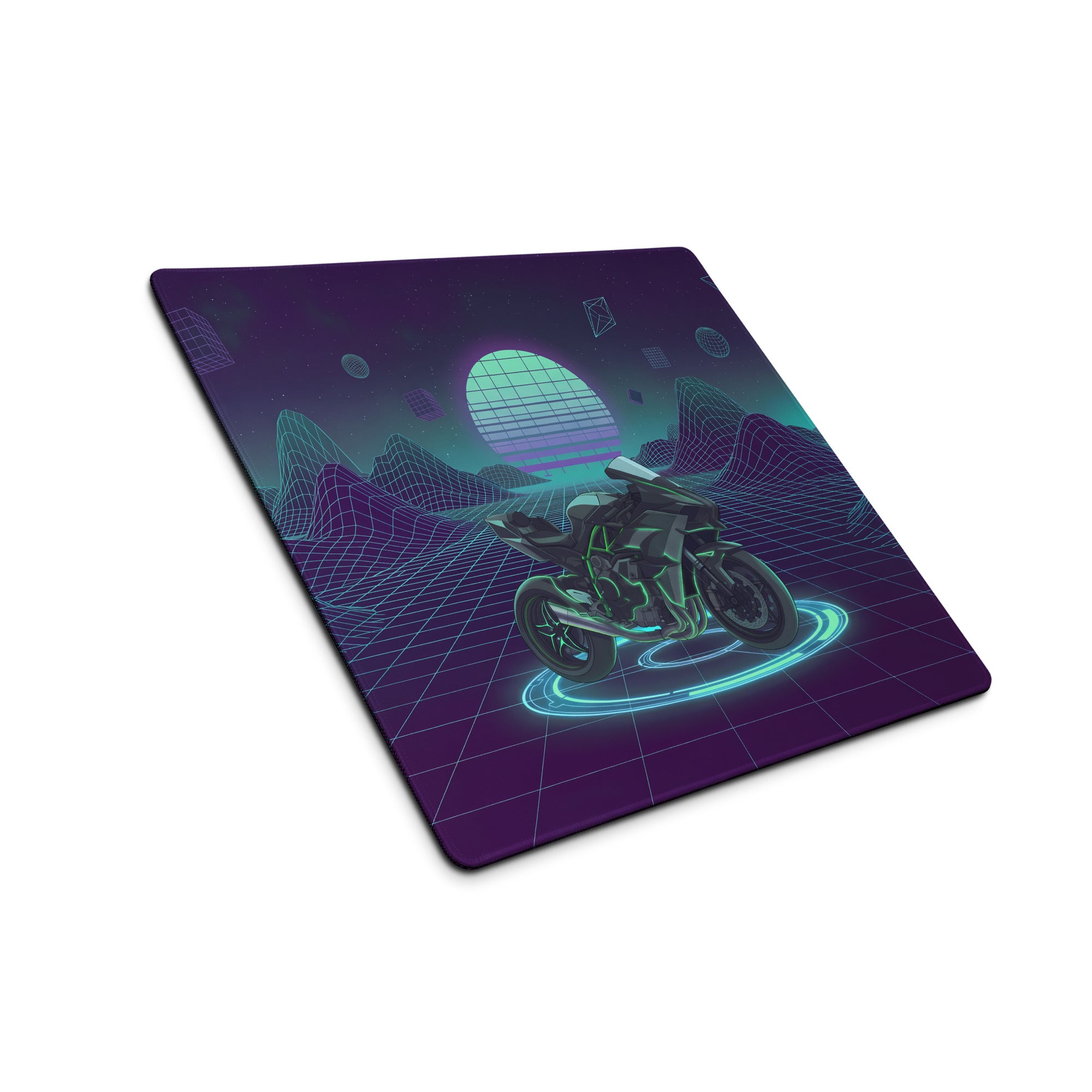 Kawasaki Ninja H2 Inspired Black Teal Vaporwave Gaming Mouse Pad – Neon Grid Mountain Desk Mat, Retro Futuristic Sport Touring Motorcycle Vector Art