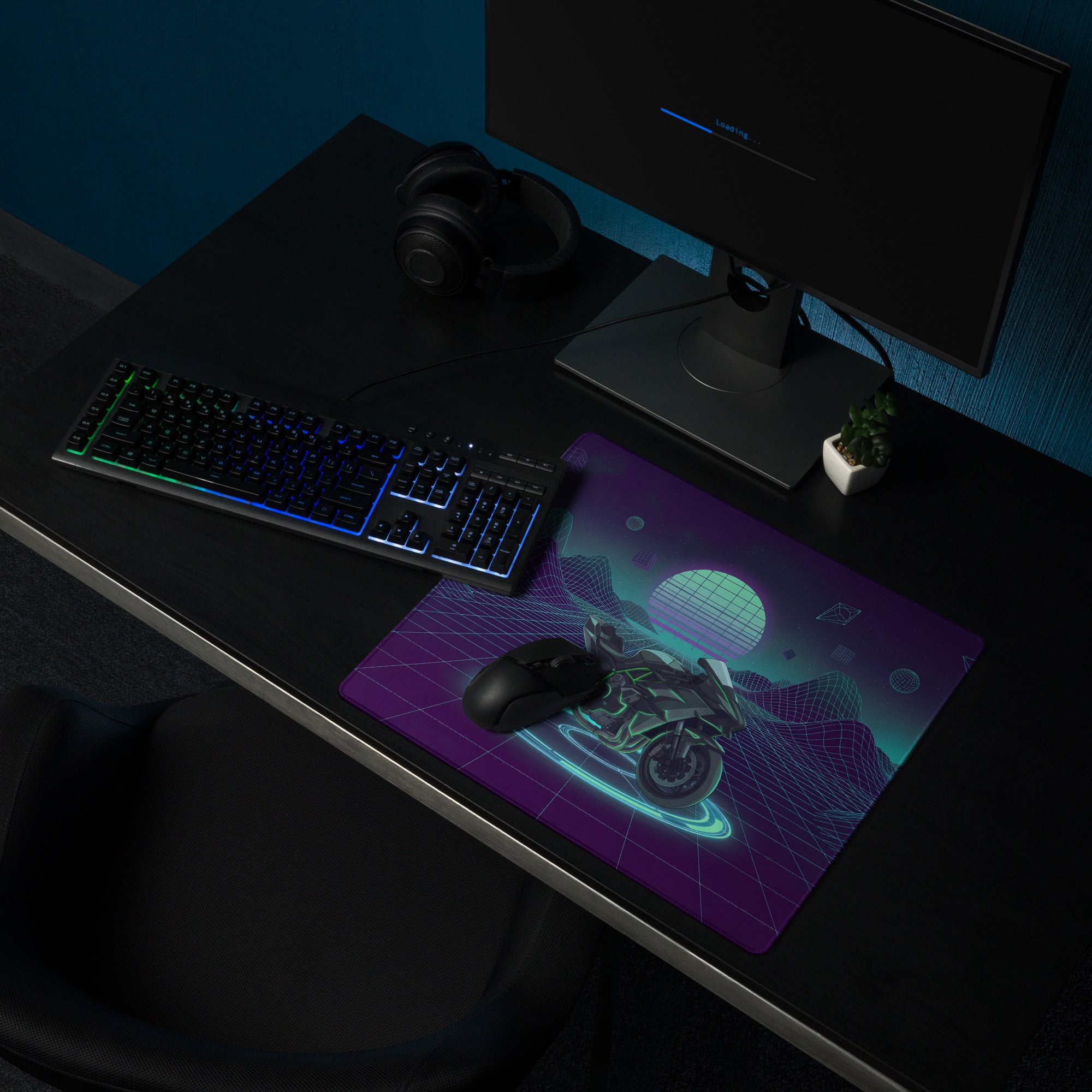 Kawasaki Ninja H2 Inspired Black Teal Vaporwave Gaming Mouse Pad – Neon Grid Mountain Desk Mat, Retro Futuristic Sport Touring Motorcycle Vector Art