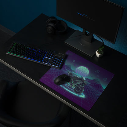 Kawasaki Ninja H2 Inspired Black Teal Vaporwave Gaming Mouse Pad – Neon Grid Mountain Desk Mat, Retro Futuristic Sport Touring Motorcycle Vector Art