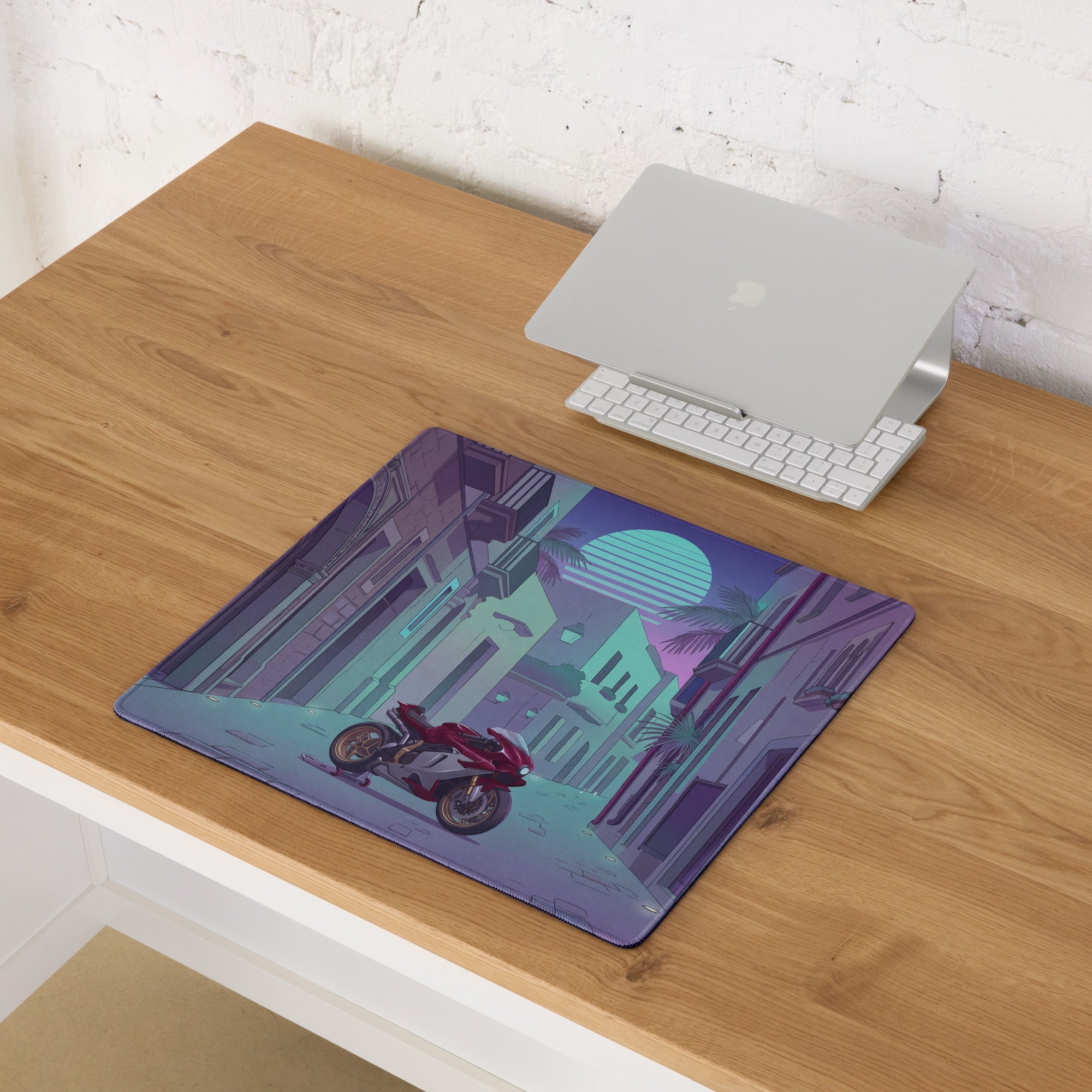 MV Agusta Superveloce 800 Inspired Red Silver Vaporwave Gaming Mouse Pad – Neon Italian Street Desk Mat, Retro Futuristic Sportbike Vector Art
