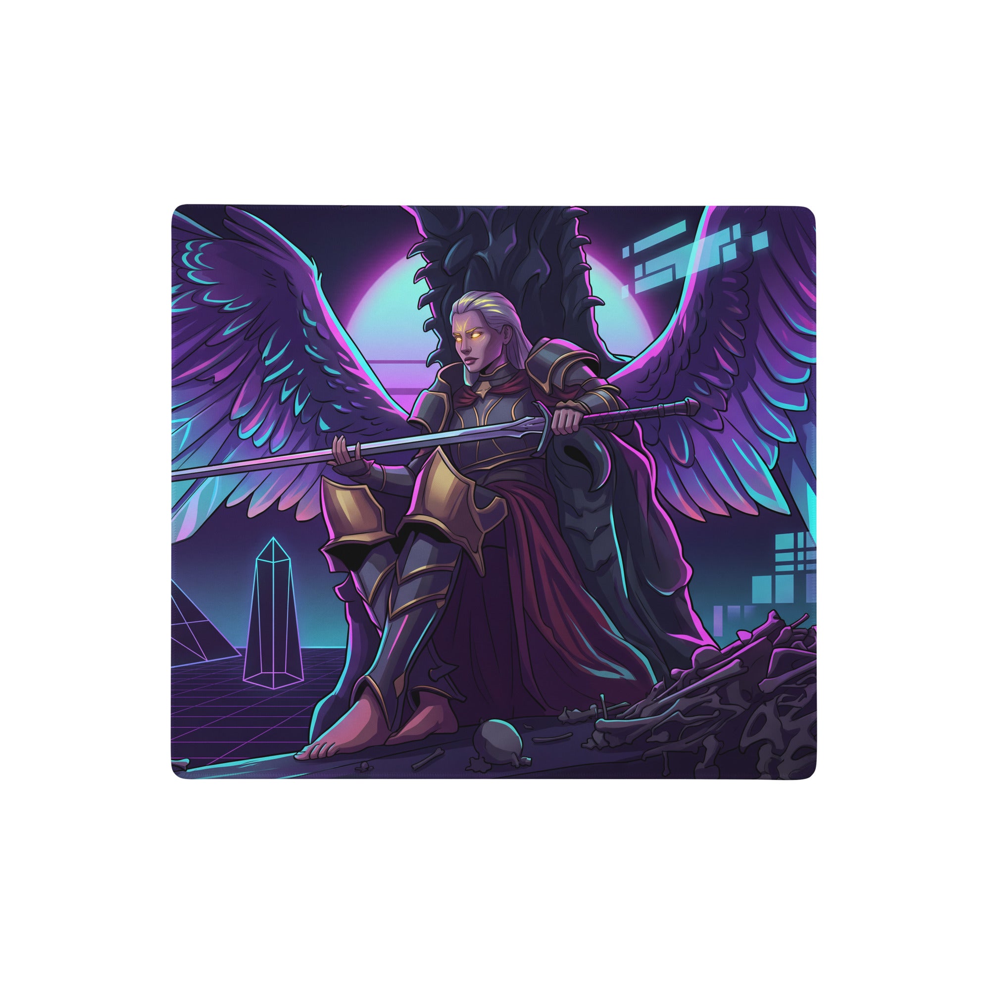 Navy blue and purple neon gaming mousepad featuring a fantasy winged warrior holding a sword for cyberpunk desks