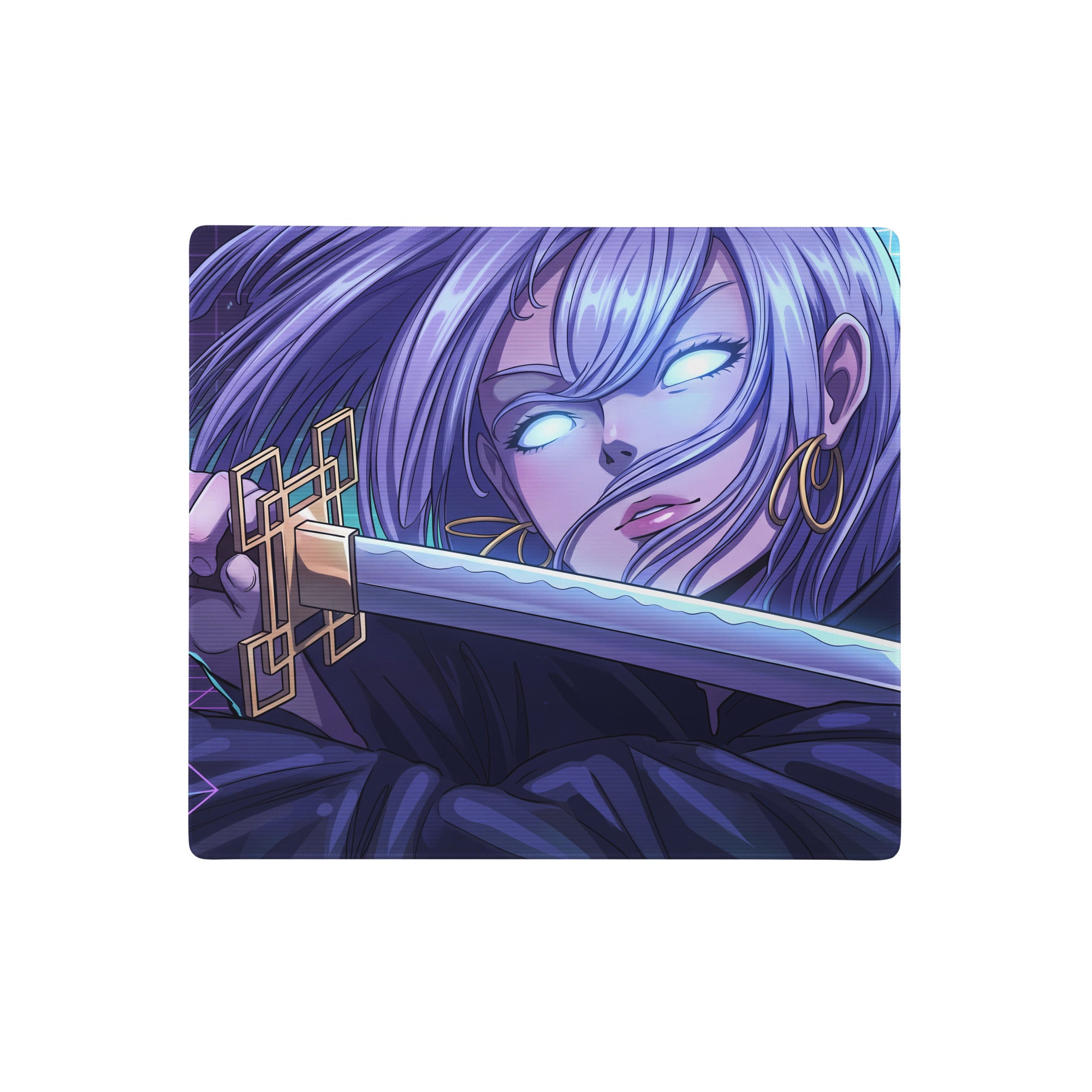 Vaporwave neon anime mouse pad featuring a purple-haired character with glowing eyes holding a gold-hilted sword