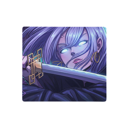 Vaporwave neon anime mouse pad featuring a purple-haired character with glowing eyes holding a gold-hilted sword
