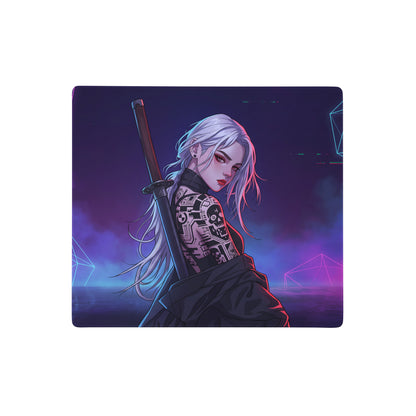 Neon vaporwave warrior gaming mousepad with silver-haired anime warrior and katana on purple blue neon nebula background
