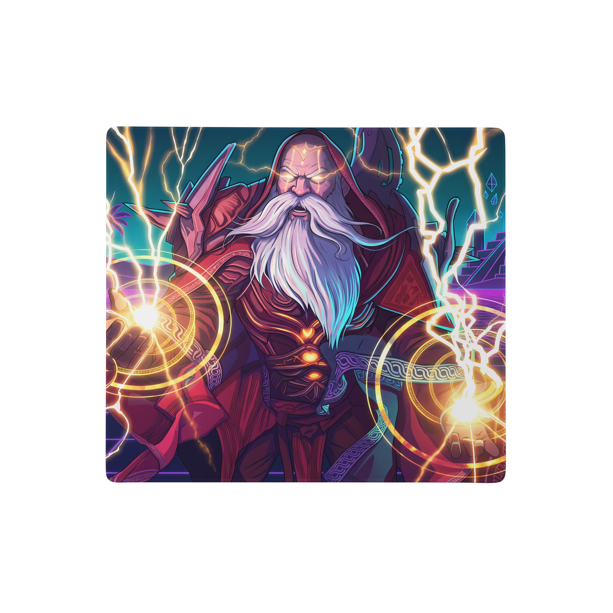 Vibrant vaporwave wizard neon console mat with purple and blue tones featuring a fantasy wizard and magical lightning effects