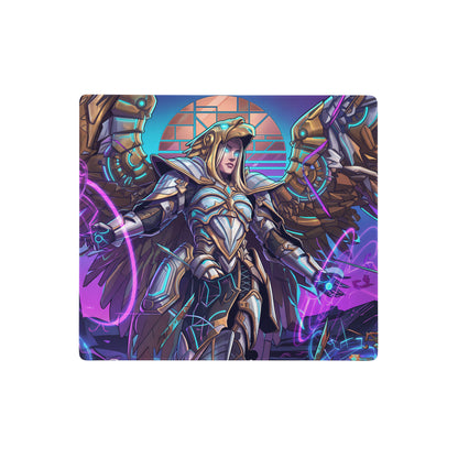 Rectangular gaming mousepad with neon purple and blue armored angel design and glowing energy effects for desk use