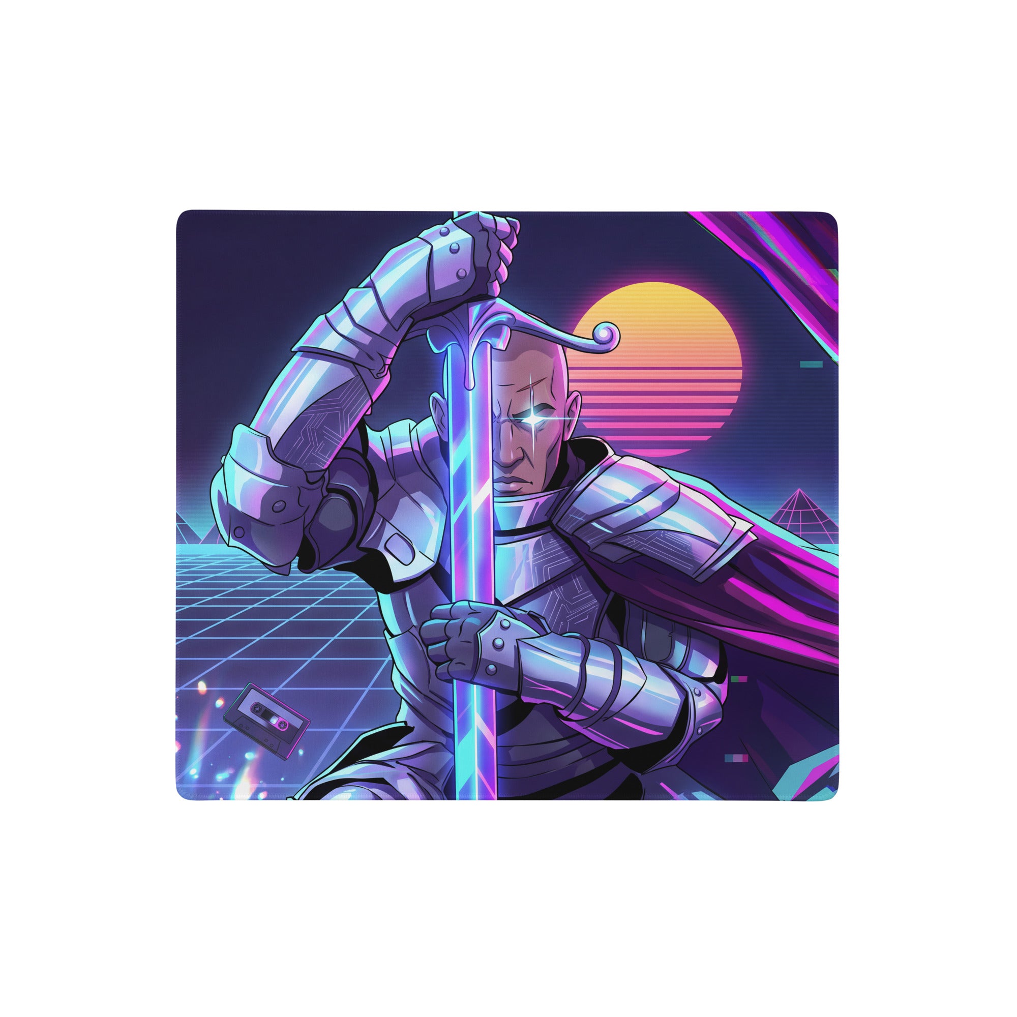 Nineties-inspired rectangular mousepad with a knight in metallic armor and glowing sword on a neon purple and orange sunset background