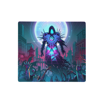Neon void vaporwave gaming mousepad with neon-blue and magenta hooded figure and futuristic cityscape design