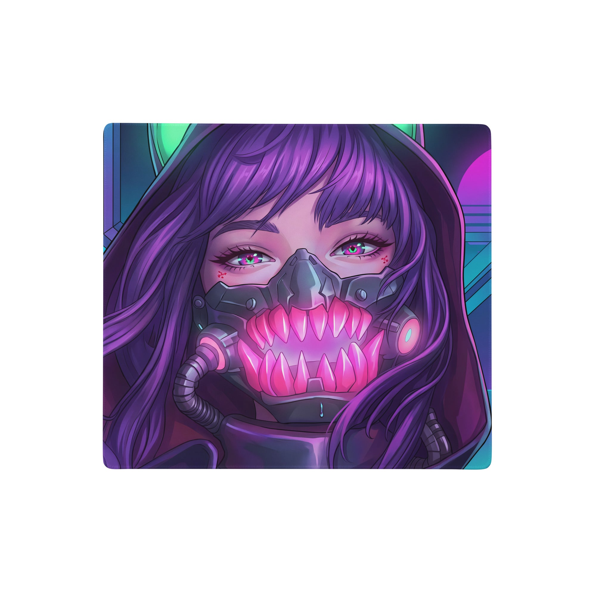 Purple-haired anime character with glowing pink teeth and black mechanical mask on vaporwave neon predator gaming mouse pad