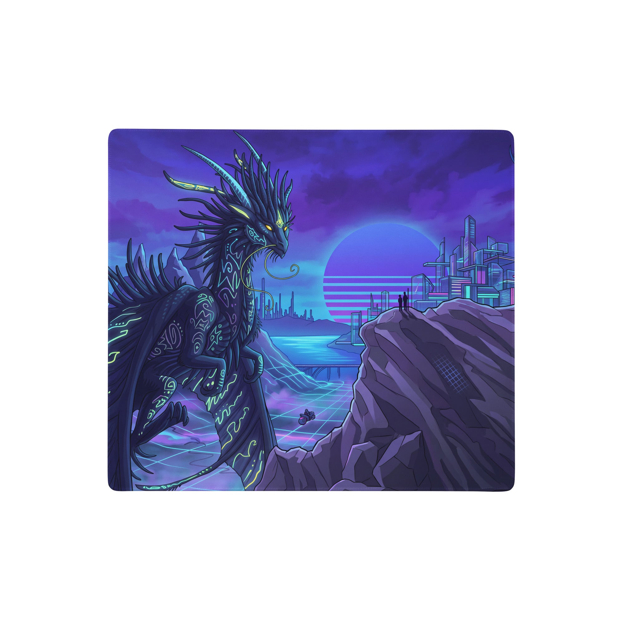 Navy blue dragon with glowing neon green patterns on a purple sunset vaporwave desk pad overlooking futuristic cityscape