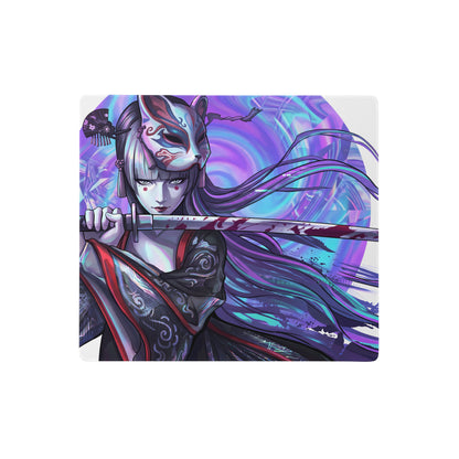 Rectangular vaporwave geisha neon mouse pad with vibrant anime-style masked warrior in purple and blue colors