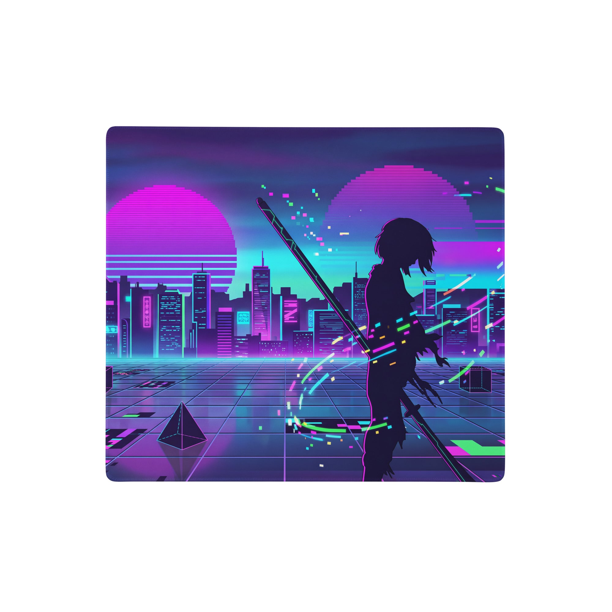 Neon vaporwave city pad mousepad with neon pink and cyan retro futuristic cityscape and silhouetted figure with swords