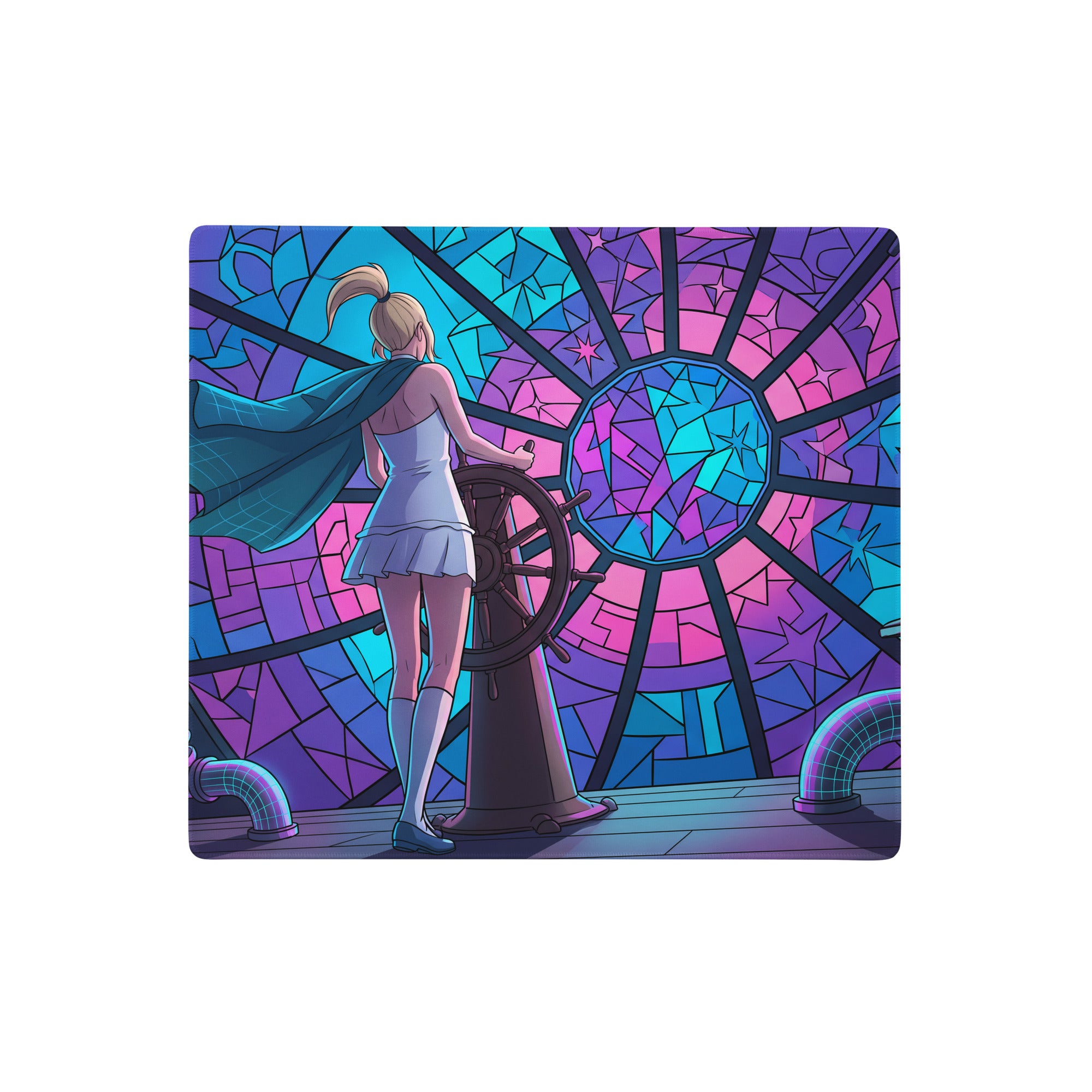 Vibrant stained glass window mousepad with stylized anime girl in white dress and teal cape at ship’s wheel