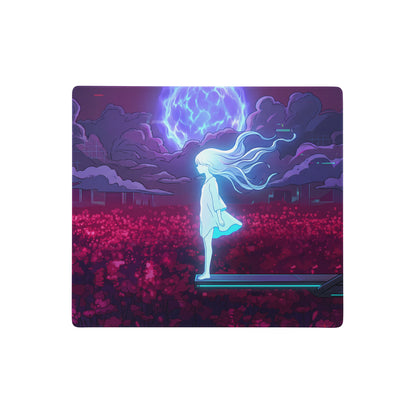 Vaporwave neon goddess gaming mousepad with anime girl on glowing platform against purple pink lightning sky